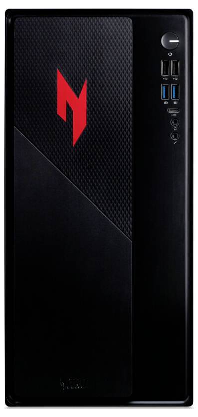 Ein Computergehäuse mit elegantem schwarzem Design, versehen mit einem roten Blitzsymbol, USB-Anschlüssen und einem Einschaltknopf auf der Frontplatte.