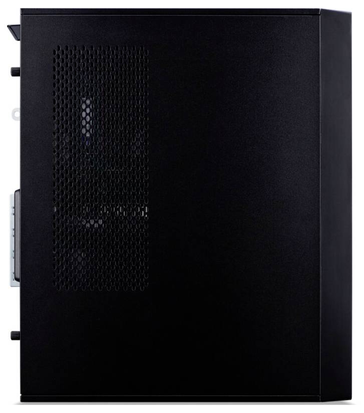 Ein schwarzer Computer-Tower mit belüfteter Seitenwand für Luftzirkulation. Minimalistisches Design mit Fokus auf Belüftung.