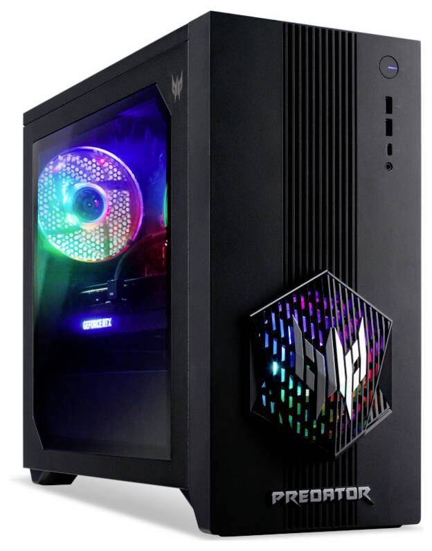 Ein schwarzer Gaming-Desktop-Tower mit LED-Beleuchtung, ausgestattet mit einem seitlichen Fenster, das die internen Komponenten offenlegt, und einem Frontlogo mit der Aufschrift „PREDATOR