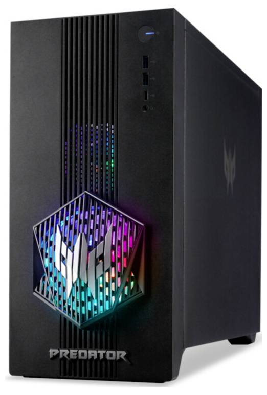 Ein schlanker, schwarzer Gaming-Desktop-Tower mit RGB-Beleuchtung und einem futuristischen Logo. Das Wort ‚Predator' ist auf der Vorderseite eingraviert.