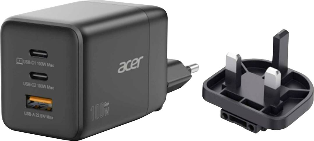 Ein schwarzes Acer-Wandladegerät mit drei USB-Anschlüssen: zwei USB-C (max. 100W) und ein USB-A (max. 22,5W), neben einem abnehmbaren Steckeradapter.