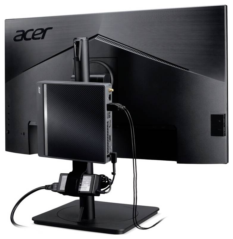 Ein schwarzer Acer-Monitor von hinten gesehen, mit einem Mini-PC, der auf dem Ständer montiert ist, wobei Kabel am Mini-PC angeschlossen sind.