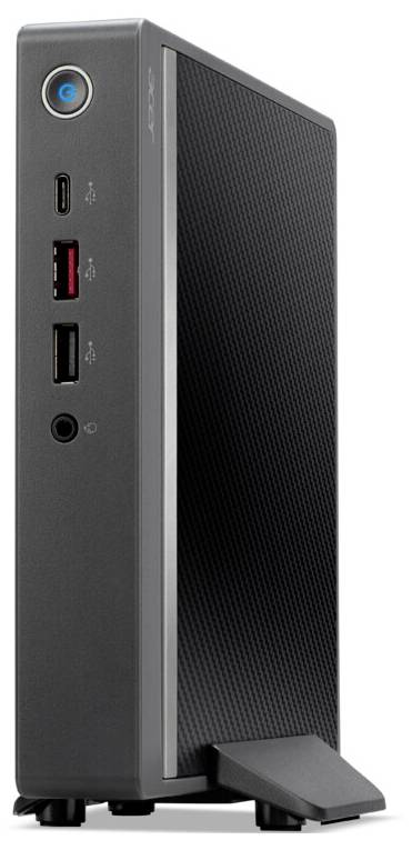 Ein schlanker schwarzer Mini-Desktop-Computer mit USB-Anschlüssen und Kopfhörerbuchse an der Vorderseite, auf einem vertikalen Ständer für platzsparende Aufstellung.