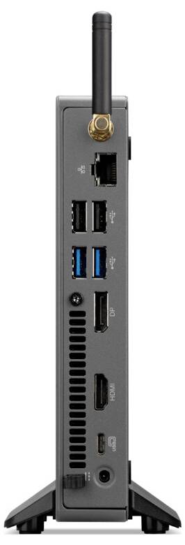 Eine vertikale Ansicht der Rückseite eines kompakten Computers mit verschiedenen Anschlüssen: USB, HDMI, Ethernet und Audio, mit einer Antenne oben.