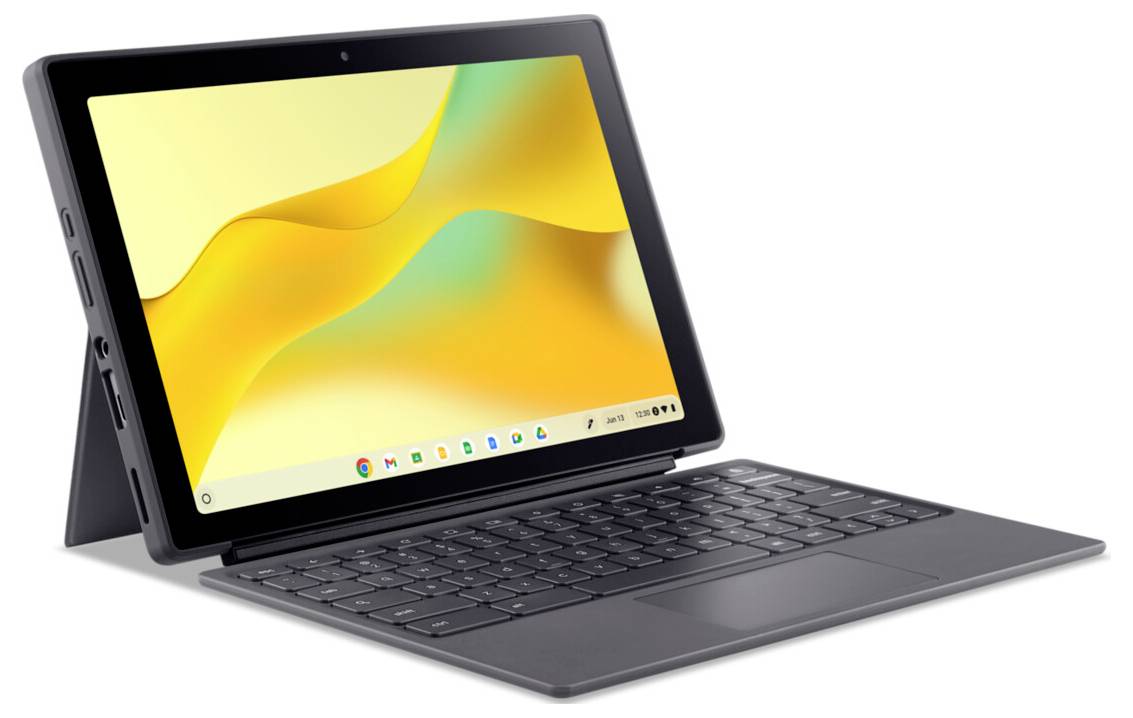 Ein Tablet mit angeschlossenem Keyboard, das einen leuchtend gelb-orangefarbenen Bildschirm zeigt. Das Gerät ist in einem Winkel positioniert, um seinen Ständer und sein schlankes Design zu präsentieren.