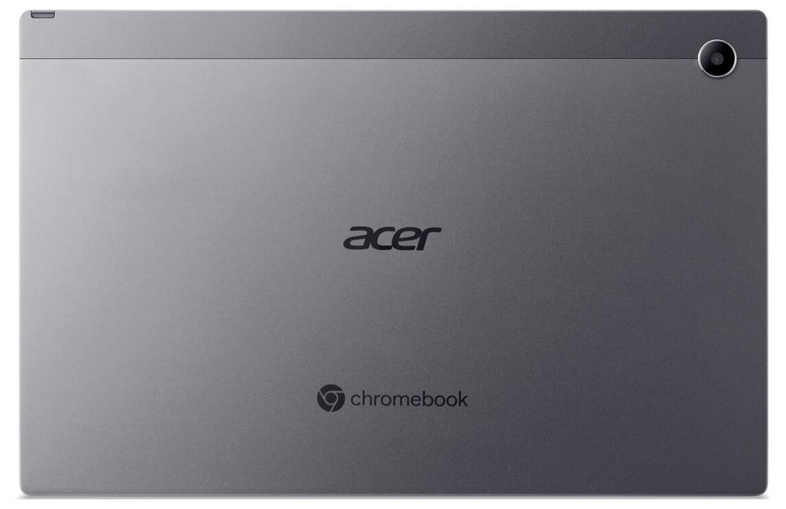 Ein grauer Acer Chromebook von hinten, mit dem Acer-Logo und einer Kamera in der oberen rechten Ecke.