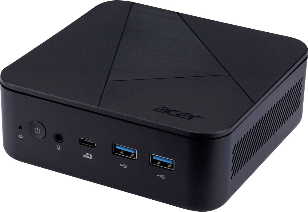 Ein kompakter schwarzer Acer Mini-PC mit mehreren USB-Anschlüssen und einem Einschaltknopf auf der Vorderseite, mit einem schlanken, minimalistischen Design.