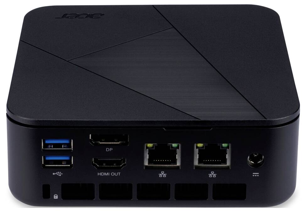 Mini-PC von 'Acer', Frontansicht mit mehreren Anschlüssen: zwei USB-Ports, Ethernet, HDMI und Stromanschluss. Schwarzes Design mit Markenlogo auf der Oberseite.