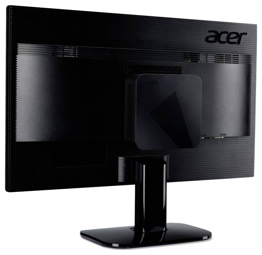 Ein schwarzer Acer-Computermonitor, der von der Rückseite gezeigt wird, mit einem angeschlossenen Thin-Client-Gerät.