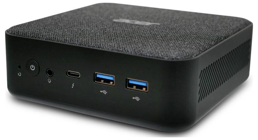 Ein kompaktes schwarzes elektronisches Gerät mit zwei blauen USB-Anschlüssen, einem USB-C-Anschluss und einem Einschaltknopf vor einem schlichten Hintergrund.