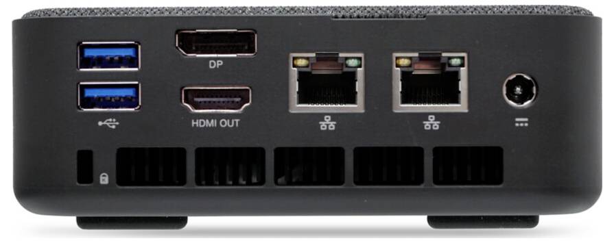 Rückseite eines Mini-PCs mit zwei USB-Anschlüssen, DisplayPort, HDMI-Ausgang, zwei Ethernet-Ports und einem Stromstecker.
