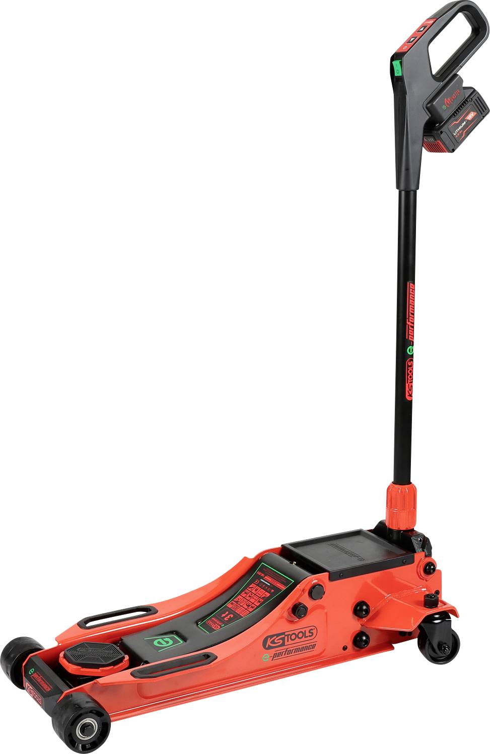 Roter hydraulischer Bodenwagen mit langem Hebel, ausgestattet mit Rädern und einem schwarzen KS Tools Logo an seiner Seite.