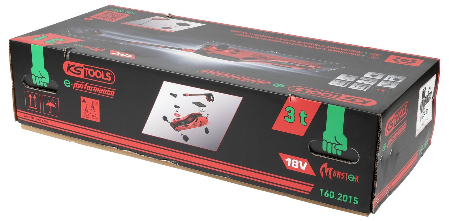 Karton eines KS Tools Produkts mit Bild eines kabellosen Schlagschraubers und Spezifikationen wie '3t', '18V' und 'e performance'.
