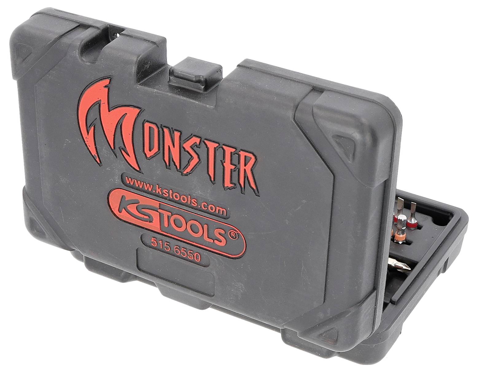 Ein schwarzer Werkzeugkoffer mit 'Monster' und 'KS Tools' Branding, teilweise geöffnet, um verschiedene Werkzeuge im Inneren zu zeigen.