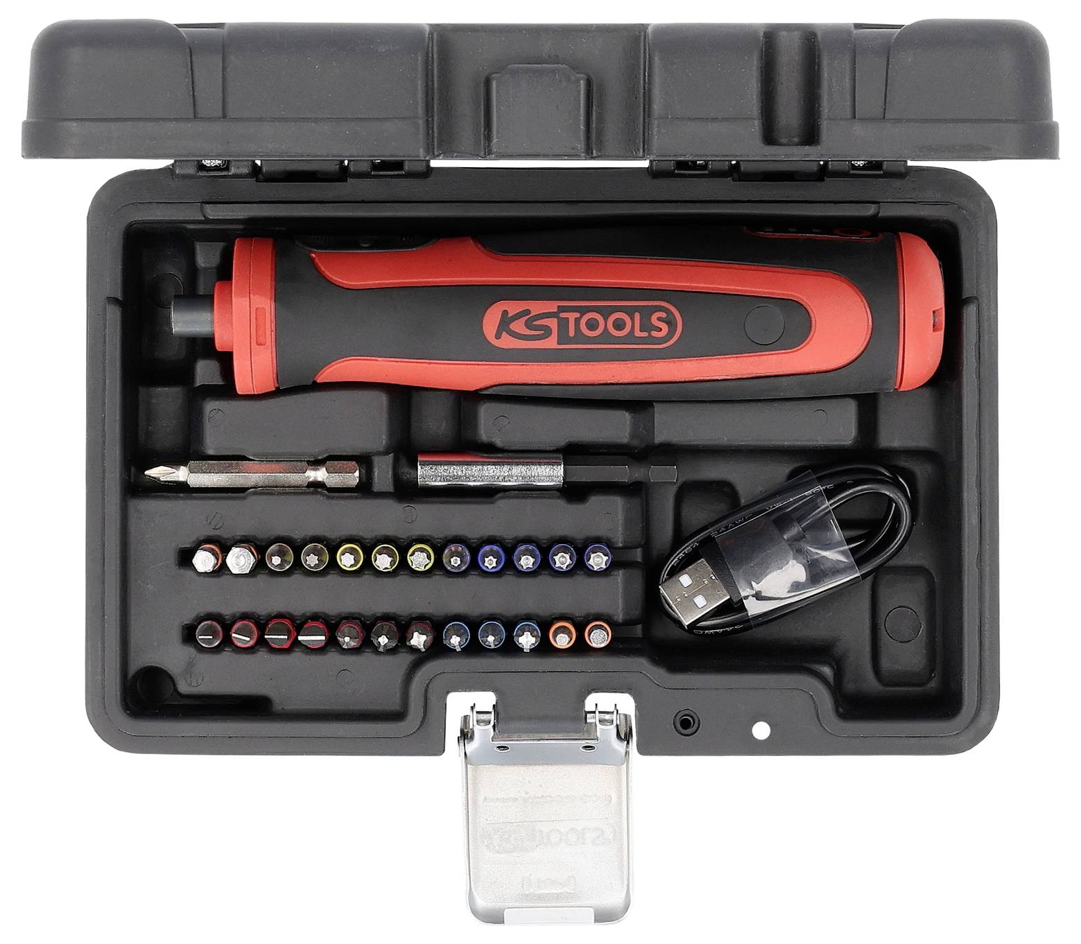 'KS Tools' Elektroschrauber-Set in einem schwarzen Koffer mit Bits, USB-Kabel und einem Griff mit rot-schwarzem Design.