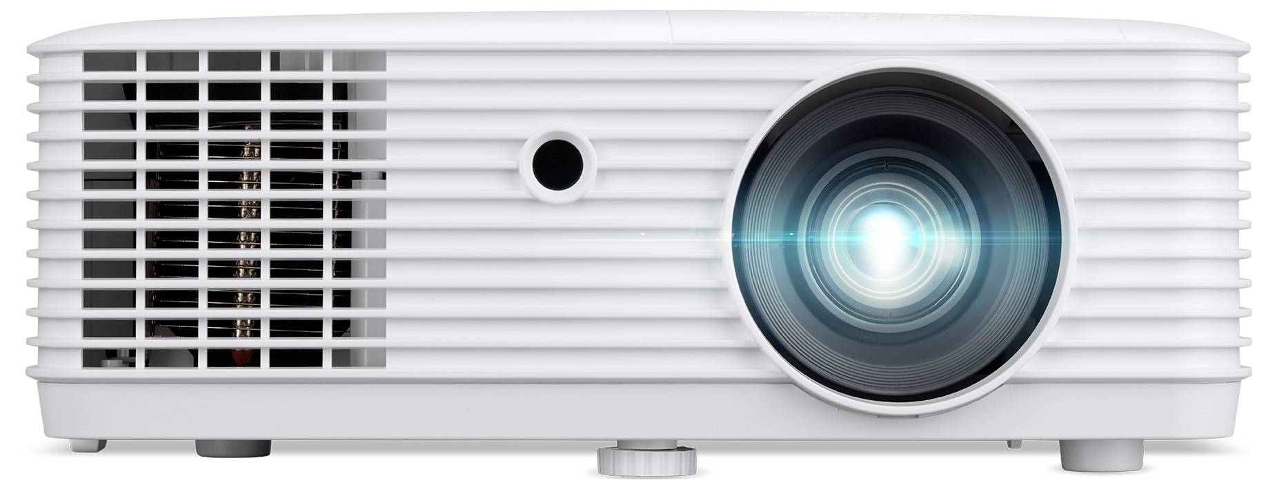 Ein weißer Projektor sendet einen Lichtstrahl aus seiner Linse aus, positioniert für eine frontale Nutzung mit sichtbaren Lüftungsschlitzen an der linken Seite.