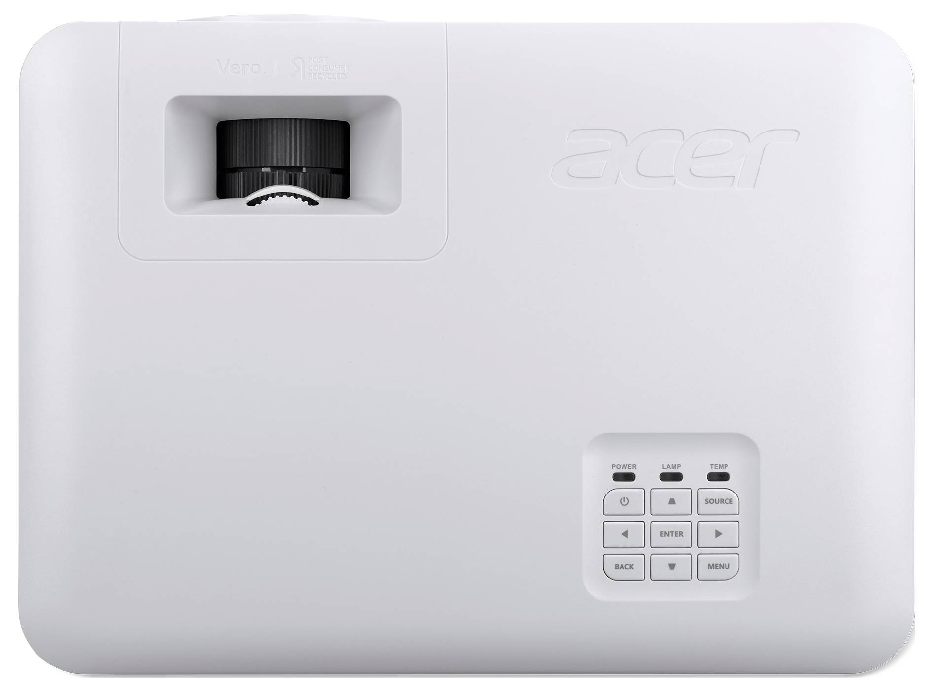 Acer Vero Projektor in Weiß mit Bedienungselementen auf der Oberseite, einschließlich Ein/Aus- und Menütasten sowie einer Objektiveinstellungsvorrichtung.