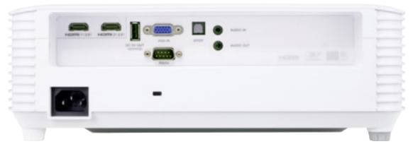 Rückansicht eines weißen elektronischen Geräts mit verschiedenen Anschlüssen: zwei HDMI-Ports, VGA, RS-232, Audio-Eingang, Audio-Ausgang und Stromanschluss.