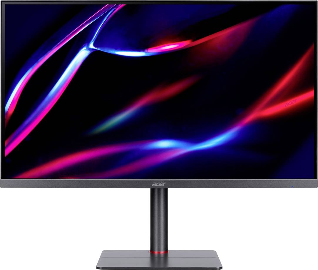 Acer-Monitor, der ein lebendiges abstraktes Design aus roten und blauen Streifen auf einem schwarzen Hintergrund zeigt und damit die visuelle Qualität des Bildschirms präsentiert.