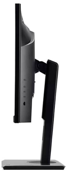 Seitenansicht eines dünnen, schwarzen Computermonitors auf einem Ständer, der sein schlankes und minimalistisches Design zeigt.