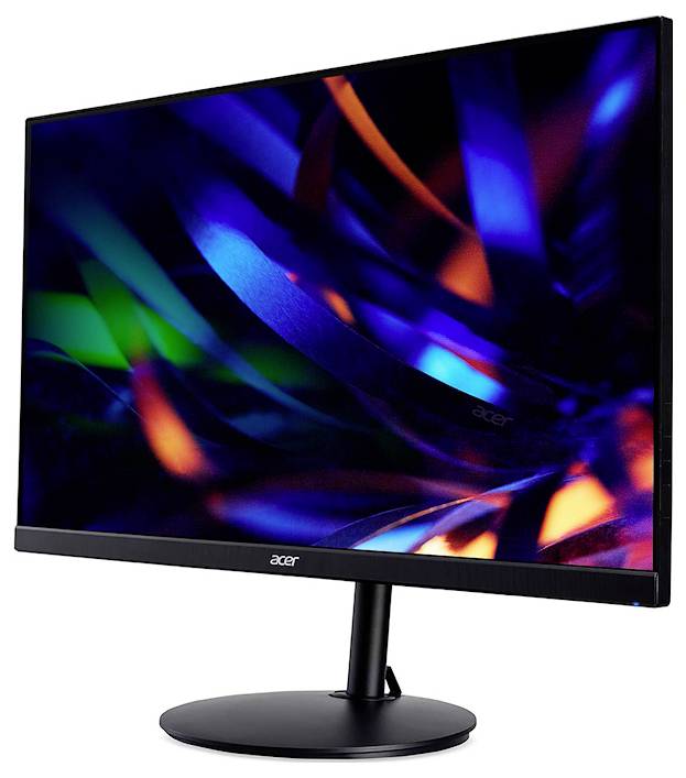 Acer-Monitor, der ein lebendiges, abstraktes Bild mit wirbelnden blauen und orangefarbenen Farben anzeigt und dabei die Hochauflösungsfähigkeit des Bildschirms präsentiert.