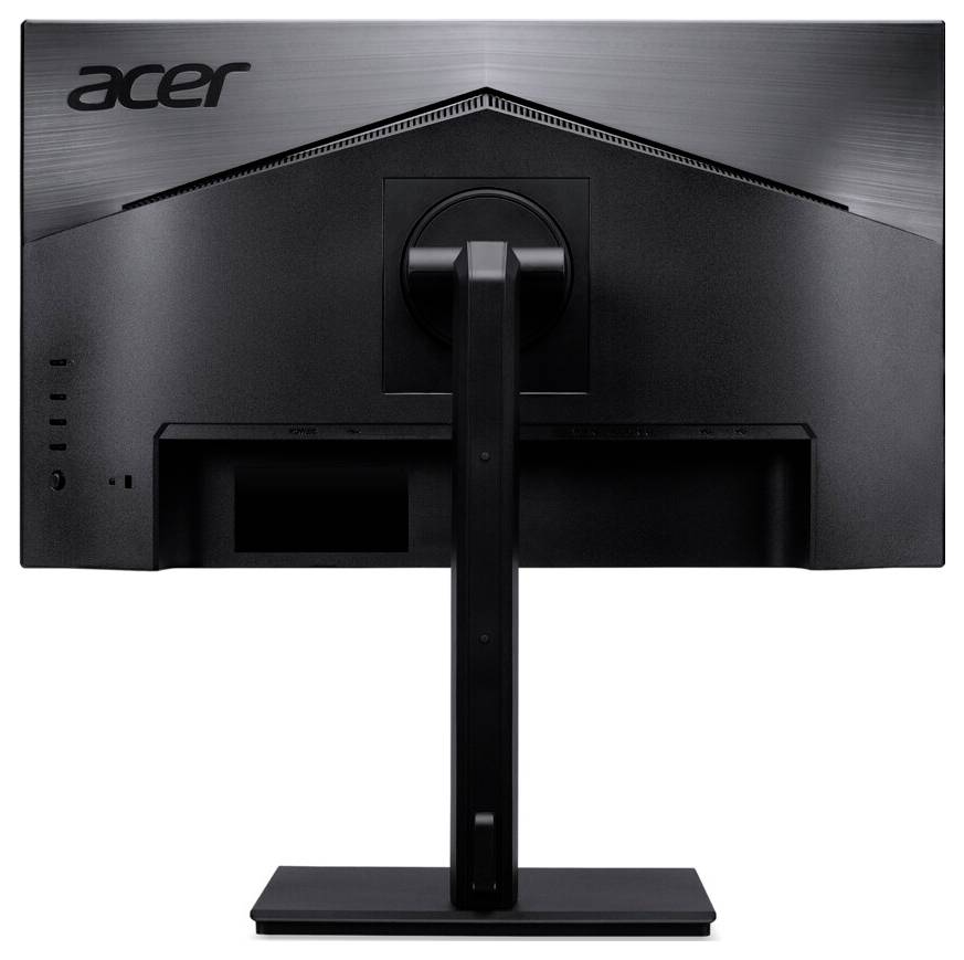 Rückansicht eines schwarzen Acer-Computermonitors, die den Standfuß und die Anschlüsse auf der linken Seite zeigt, mit dem Acer-Logo in der oberen linken Ecke.