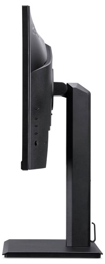 Eine Seitenansicht eines schwarzen Computermonitors auf einem Ständer, die seinen schlanken Profil und seine vertikale Verstellmöglichkeit zeigt.