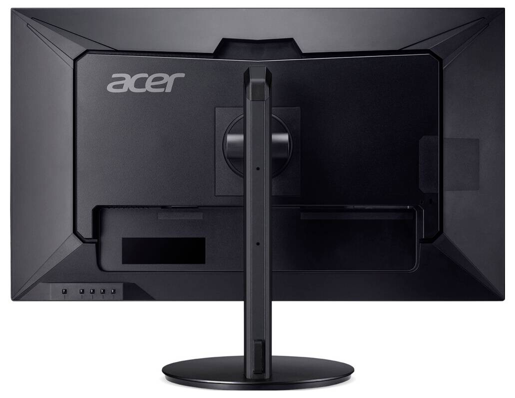 Rückansicht eines schwarzen Acer-Computermonitors, die dessen Standfuß, rückseitige Anschlüsse und kantige Designelemente mit sichtbarem Acer-Logo präsentiert.
