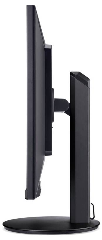 Seitenansicht eines schwarzen Flachbildschirm-Computermonitors auf einer runden Basis, der sein schlankes Profil und den verstellbaren Ständer zeigt.