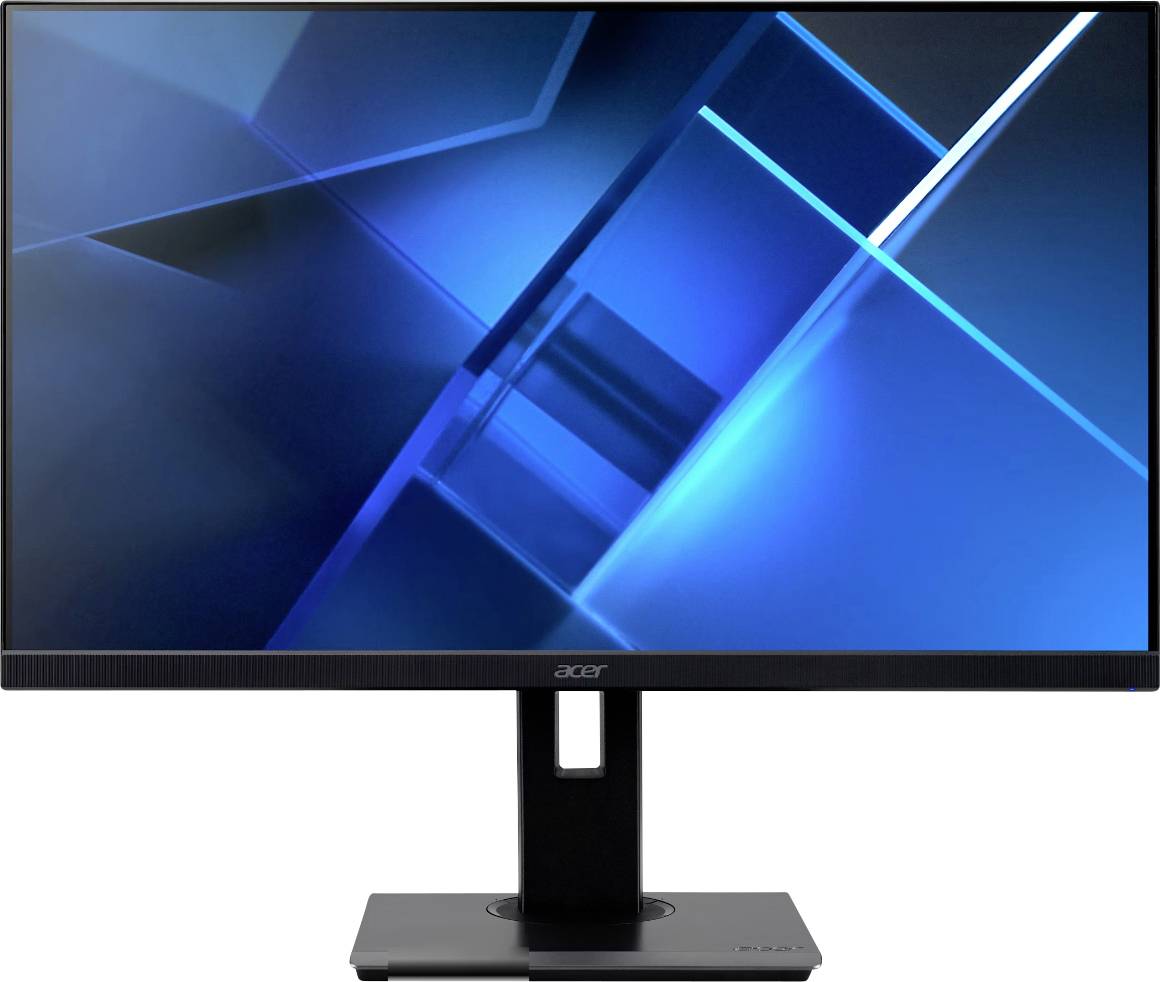 Ein schwarzer Breitbild-Monitor zeigt ein abstraktes blaues und schwarzes geometrisches Muster, das modernes Design und visuelle Klarheit betont.