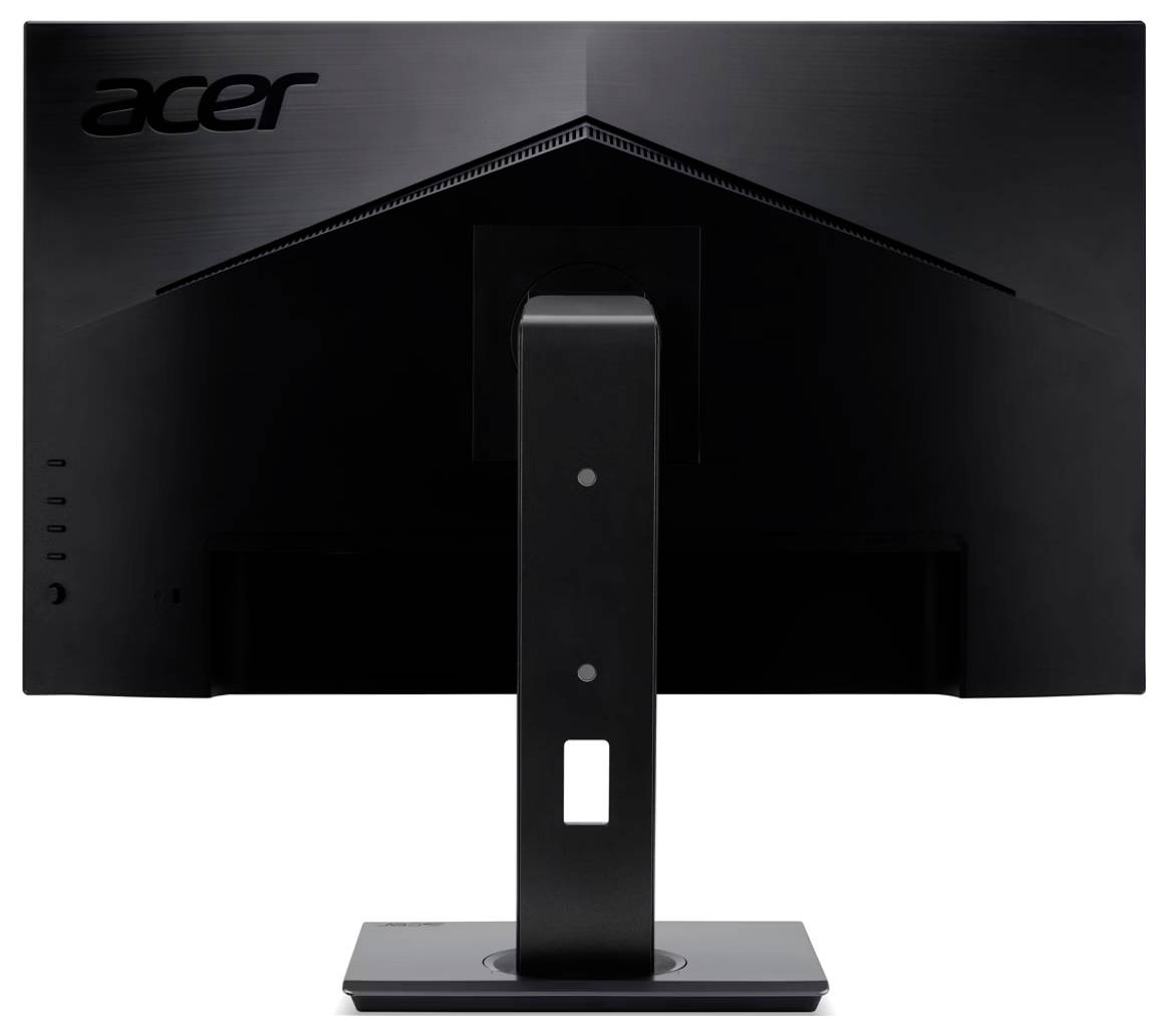 Rückansicht eines schwarzen Acer-Monitors mit eckigem Design, der seinen Ständer und Fuß zeigt, mit dem Acer-Logo in der oberen linken Ecke.