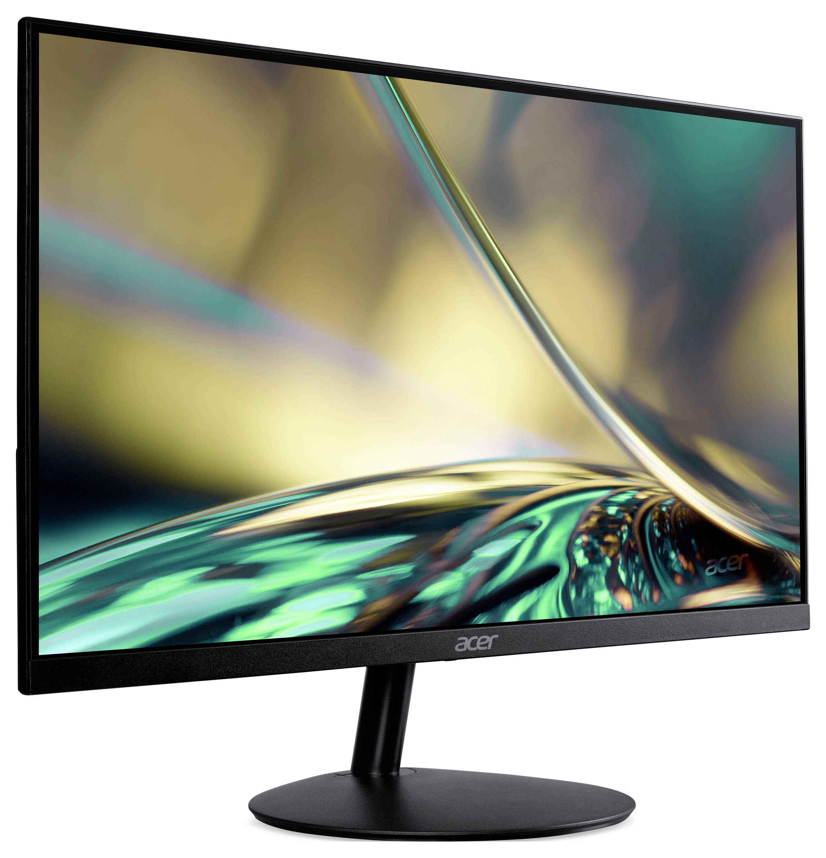 Ein schlanker Acer-Computermonitor mit einer farbenfrohen abstrakten Anzeige auf dem Bildschirm, der ein minimalistisches Design und eine robuste runde Basis aufweist.