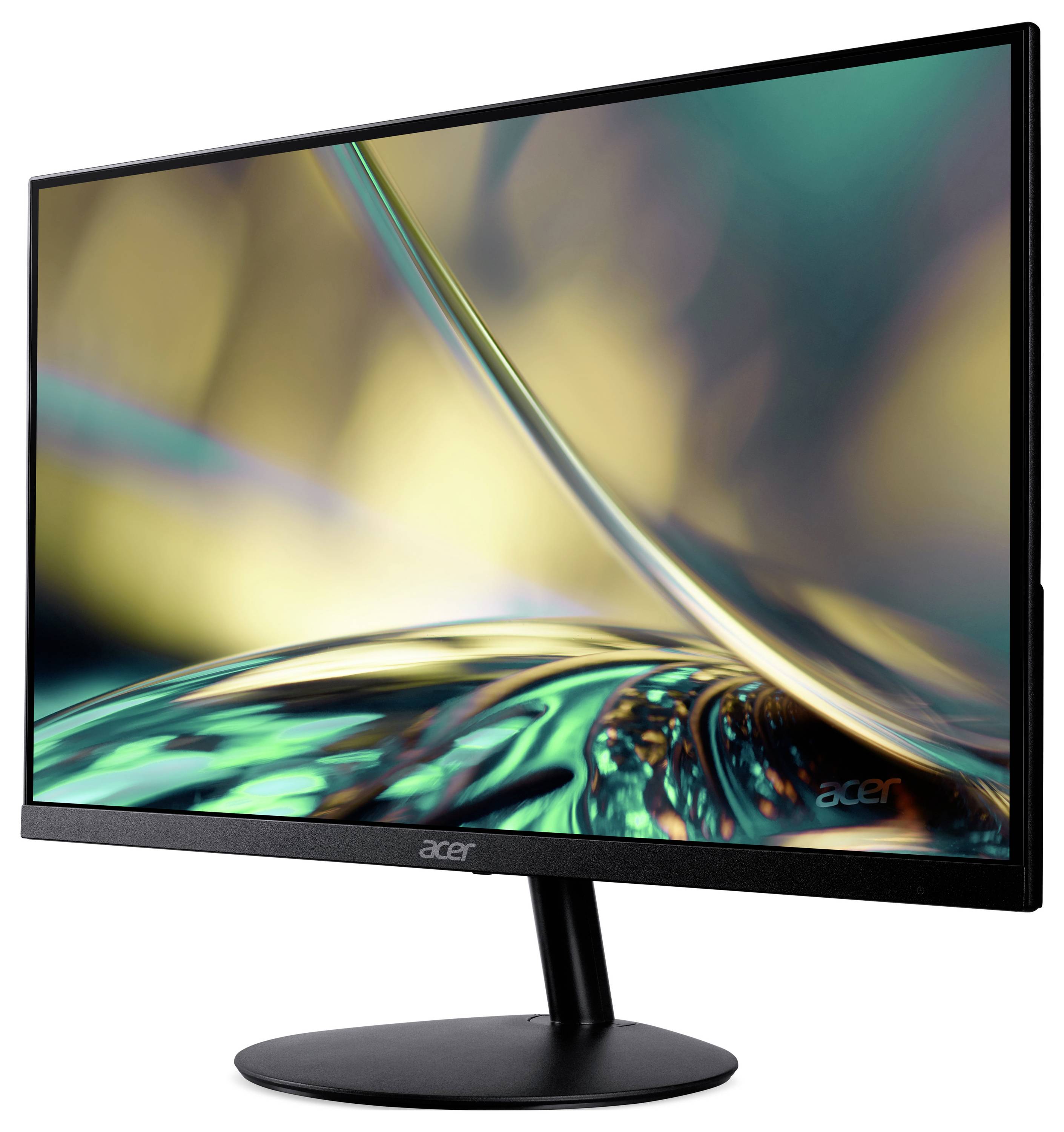 Ein Computermonitor mit einem schwarzen Rahmen zeigt ein abstraktes Bild mit wirbelnden grünen und goldenen Farben.
