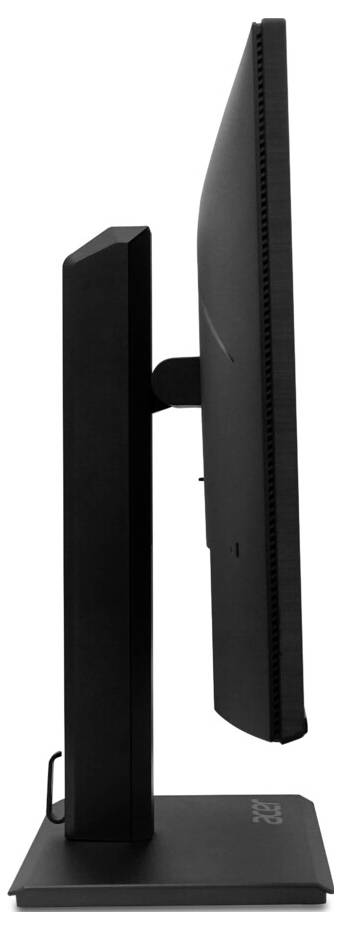 Seitenansicht eines schwarzen Computermonitors auf einem Ständer, der sein schlankes Profil und minimalistisches Design zeigt.