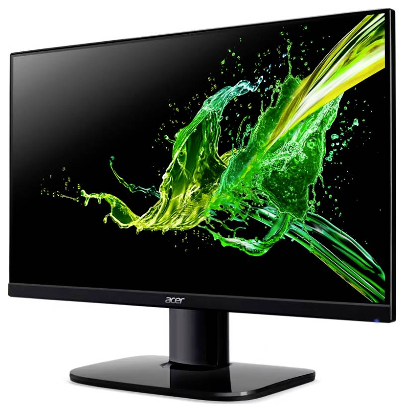 Ein Acer-Monitor, der ein abstraktes grün-gelbes Spritzdesign auf schwarzem Bildschirm zeigt, mit einem schmalen Rahmen und einem robusten schwarzen Standfuß.