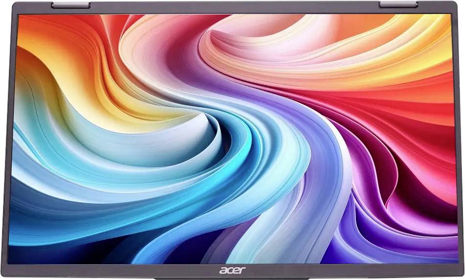 Acer-Laptop-Bildschirm, der einen lebhaften Wirbel von Farben zeigt: Rot, Rosa, Orange, Gelb, Blau und Violett, der einer abstrakten Malerei ähnelt.