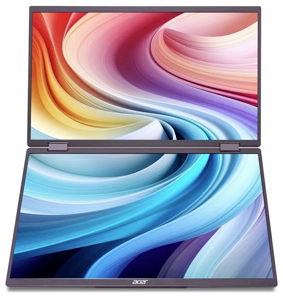 Laptop mit zwei Bildschirmen mit lebendigen, mehrfarbigen Wirbeldesigns auf beiden Displays, die die innovative Technologie für Multitasking des Geräts präsentieren.