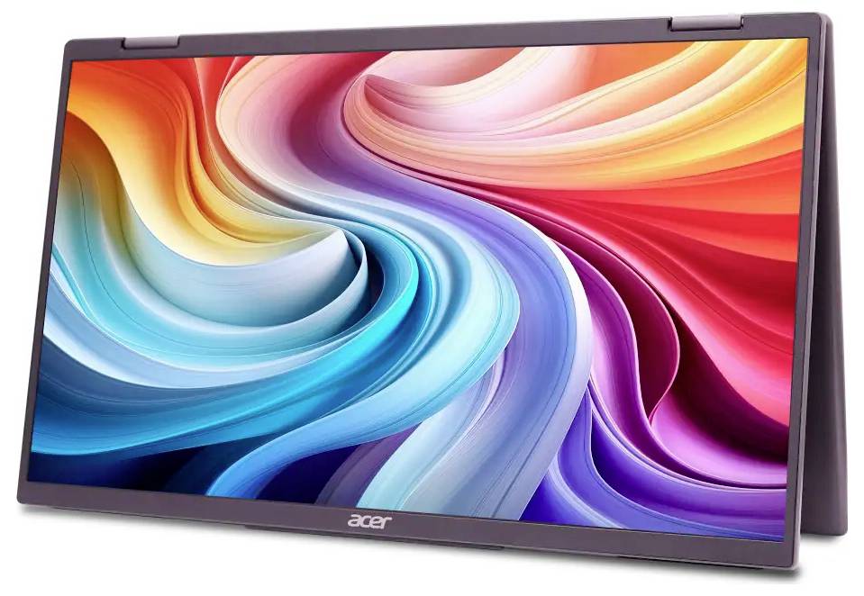 Ein schlankes Acer-Laptop, der ein lebendiges, wirbeldes abstraktes Design von hell leuchtenden Wellen in Rottönen, Orange, Gelb, Blau und Lila zeigt.