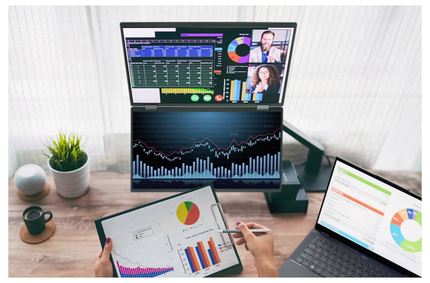 Eine Person, die an einem Schreibtisch mit einem Laptop sitzt, mit zwei Monitoren, die Grafiken und Videoanrufe zeigen und dabei Telearbeit und Datenanalyse veranschaulichen.