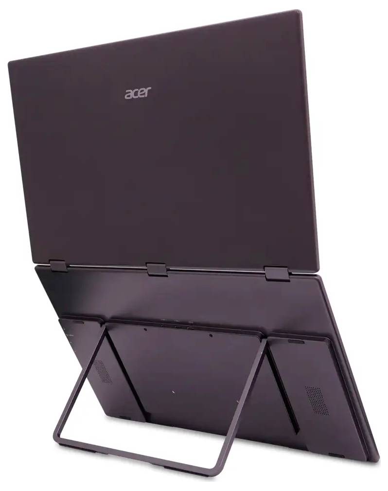 Acer-Laptop mit abnehmbarem Bildschirm, gestützt von einem Ständer, von hinten betrachtet.