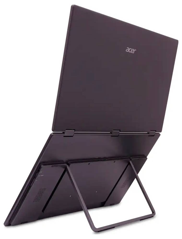 Rückansicht eines braunen Acer-Laptops mit geöffnetem Bildschirm, der von einem integrierten Ständer gestützt wird.