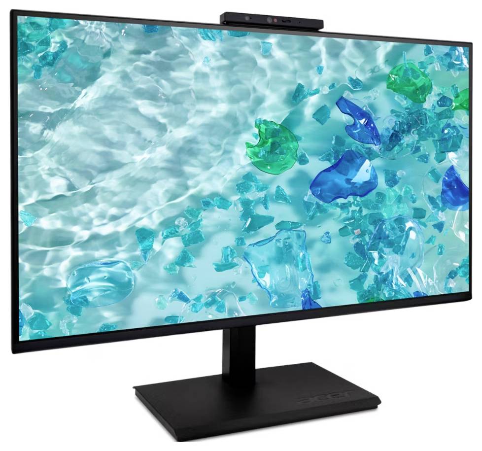 Ein Breitbild-Computer-Monitor, der ein abstraktes Bild von klarem, wellendem Wasser mit grünen und blauen transluzenten Formen zeigt, die schweben.