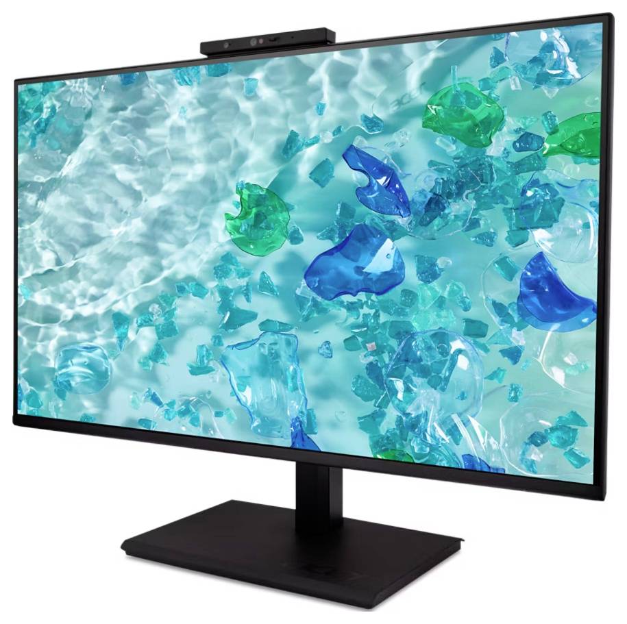 Ein Computermonitor, der ein lebendiges abstraktes Muster in Aqua- und Grüntönen zeigt, mit durchscheinenden Formen, die das Licht wie Wasser reflektieren.