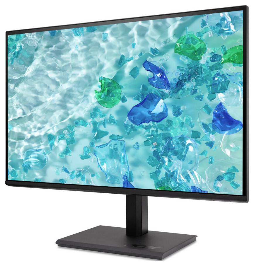 Ein Computermonitor zeigt eine Unterwasserszene mit grünen und blauen glasartigen Objekten, die vor einem strukturierten Aquahintergrund schweben.