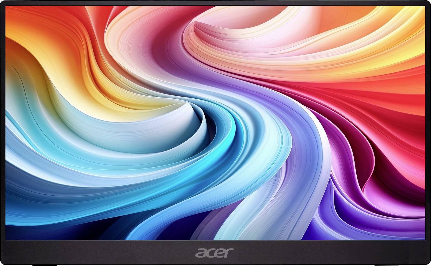 Ein lebendiger Computermonitor, der ein farbenfrohs, wirbelndes abstraktes Design zeigt. Der Bildschirm wird von einem schwarzen Rahmen mit dem Acer-Logo umgeben.