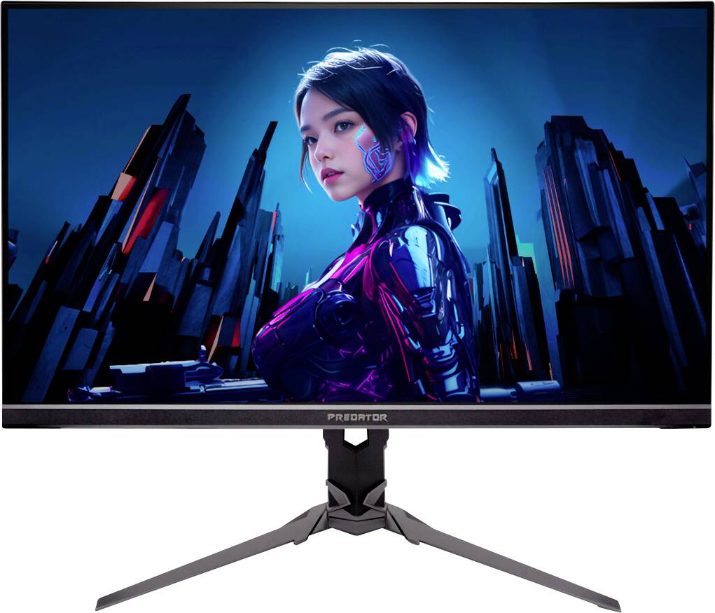Ein Monitor, der ein digitales Kunstbild einer futuristischen, gepanzerten Frau mit kurzen Haaren vor einer stilisierten Stadtlandschaft zeigt.