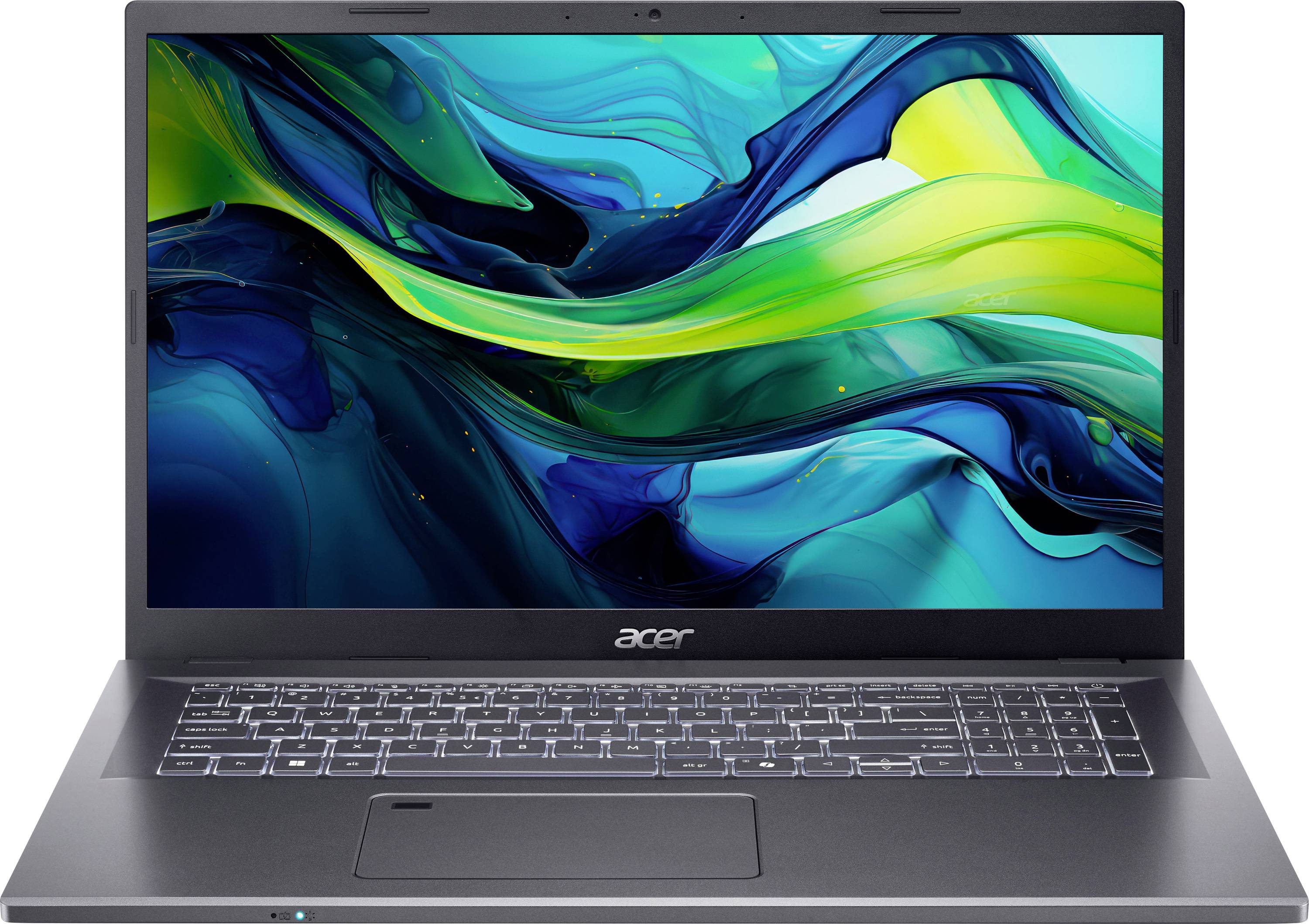 Ein Laptop, der ein leuchtendes abstraktes Design auf seinem Bildschirm zeigt, mit wirbelnden blauen, grünen und gelben Farben.