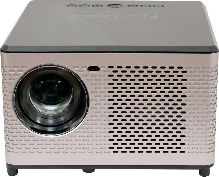 Ein roségoldener tragbarer Projektor mit einer Linse auf der linken und Belüftungslöchern auf der rechten Seite, konzipiert für Heimgebrauch oder Büronutzung.