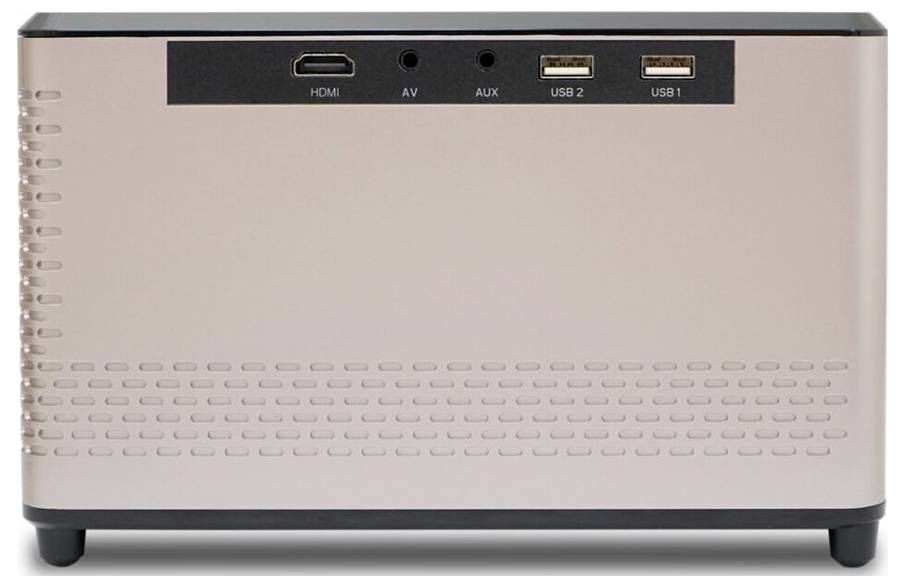 Das Bild zeigt die Rückseite eines rechteckigen elektronischen Geräts mit Anschlüssen für HDMI, AV, AUX und zwei USB-Ports, in einer metallfarbenen Ausführung.