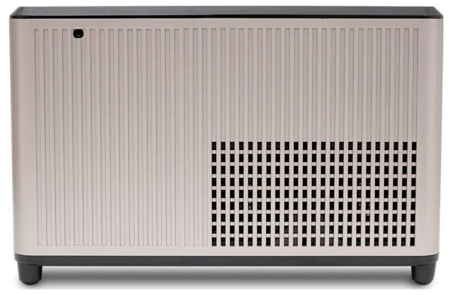 Ein rechteckiger elektronischer Apparat mit belüfteter Vorderseite; höchstwahrscheinlich ein Heizgerät oder Luftreiniger; schlichtes, modernes Design; blassrosa Farbe.